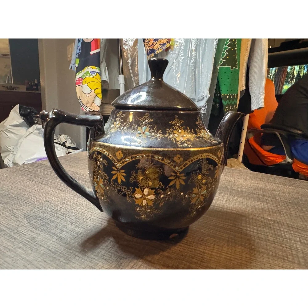 Vintage Moriage Style Teapot Black Gold Floral Made in England Decorative Teawar